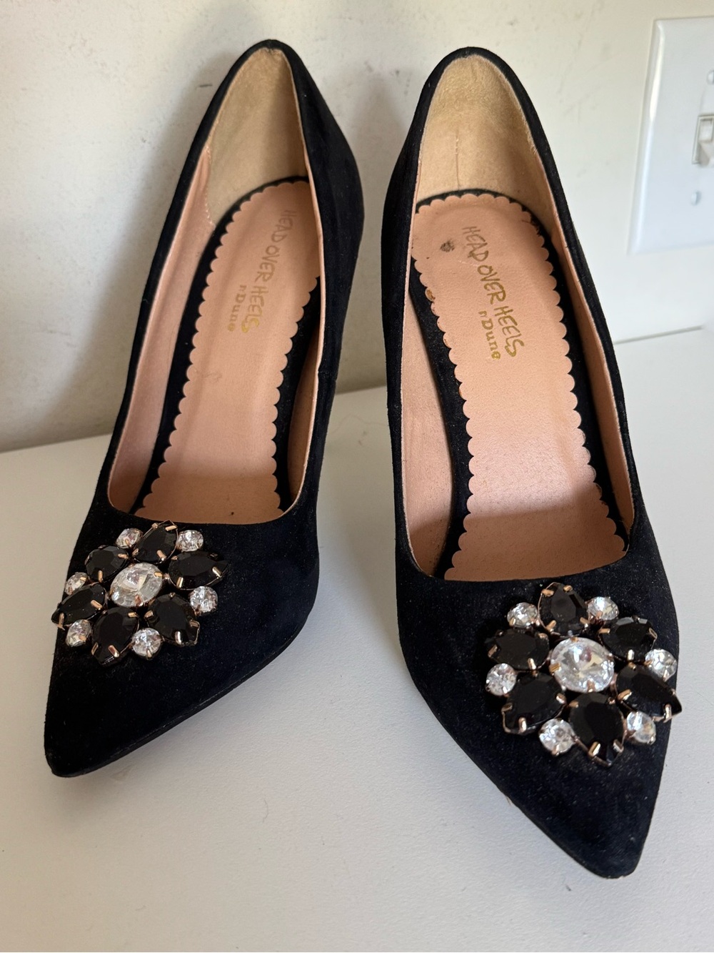 Head Over Heels Black Suede Pointed Crystal-Embellished Pumps